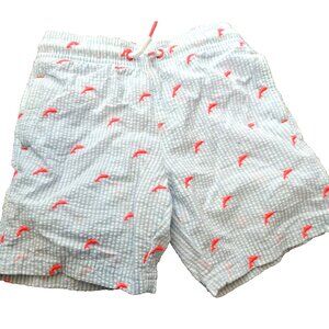 Seersucker Swim Shorts Childs 6-7 Yrs Blue White Pink Dolphins Fish Suit Bottom
